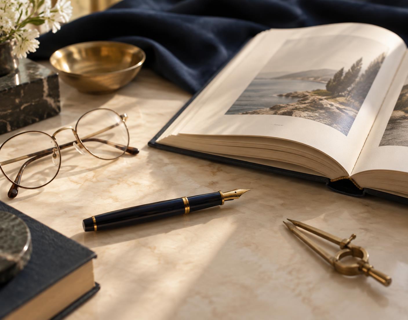 A quiet study desk with an open book, glasses and a fountain pen
